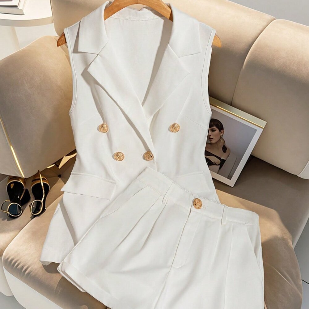White Elegant Women's Sleeveless Vest And Shorts Set - Picture 3 of 7